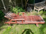 2 chairs,3 plastic bins, (3)plastic garden containers,(2)lounge wooden garden chairs, (1)plastic garden bench, (1) garden umbrella, (1) baby high chair, pile of miscellaneous building wood, TW9 - removed for £130