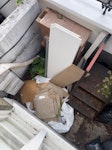 various small load of junk cardboard packaging, wooden box, a few black bin bags W4 - removed for £47
