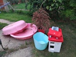 Collection of items Ironing board, wooden planks, coat hangers, bean bags, drying rack, hite wooden poles,electric cables, child kitchen, small sandpit, Christmas tree  - 2 photos attached PE33 - removed for £143