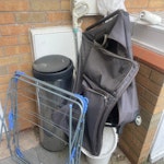 house junk needing removal pls * Broken wooden chair
*poles
*broom/dust pan
* Folding shopping trolley
* Metal dog crate (folded)
* Metal clothes airer
* Large black pedal bin
* Plastic bucket
* Wall clock
* Cleaning equipment (mop, brushes, rollers)
* plastic household items
* General household rubbish from outdoor storage
*broken steamer
*pump
*carpet trimmings
* Xmas tree B35 - removed for £104