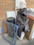 house junk needing removal pls * Broken wooden chair 
*poles
*broom/dust pan
* Folding shopping trolley
* Metal dog crate (folded)
* Metal clothes airer
* Large black pedal bin
* Plastic bucket
* Wall clock
* Cleaning equipment (mop, brushes, rollers)
* plastic household items
* General household rubbish from outdoor storage
*broken steamer 
*pump
*carpet trimmings 
* Xmas tree B35 - removed for £104