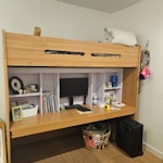 Loft bed with built in desk Requires disassembly. Assembled dimensions: 180cm x 210cm x 100cm hlw.
Biggest individual piece is the desk.
Bit worn and a few screws missing, but potentially reusable.
My building has an underground parking garage you can use. Clearance is 2.7m N1 - removed for £104