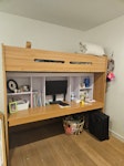 Loft bed with built in desk Requires disassembly. Assembled dimensions: 180cm x 210cm x 100cm hlw.

Biggest individual piece is the desk.

Bit worn and a few screws missing, but potentially reusable.

My building has an underground parking garage you can use. Clearance is 2.7m N1 - removed for £104