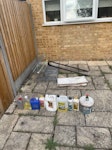 Mixed household waste Mixed household waste including metal pipes, wire racks, wood boards and plastic containers. Containers have leftover liquid. Everything is already outside with easy access. TW10 - removed for £77