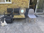 Garden furniture set, mirrors - Garden furniture set - metal. Table still usable, chairs would need repairs
- Large Trip suitcase - broken handle, otherwise good condition
- Rectangular bathroom mirror
- Rattan mirror
- Small bag of electronics &used batteries
- Dining chair
- Mud guard RH15 - removed for £76