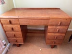 4 items of furniture 1 wooden ( possibly oak?) bureau desk. Needs rubbing down or similar and has one scratch but fine otherwise
1 wooden ( oak or pine) filing cabinet. Good condition
1 mid century dressing table with a mirror that can be opened in middle section. Hinge for mirror needs fixing and surface needs rubbing down or similar
1 saddle stool for sitting at a desk. A bit worn but not too bad and is functional SP6 - removed for £162