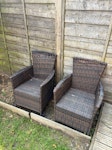 8 rattan garden chairs 8 rattan garden chairs for collection — NW2 (Willesden Green)

8 brown rattan-effect armchairs, synthetic wicker over metal frames. Wicker is weathered and fraying on several chairs — but the chairs are functional and could be repaired. No table, chairs only.

 • 8x armchairs, 57 × 85 × 55 cm each
 • Lightweight, stackable in pairs for loading
 • Level access from rear garden decking, NW2
 • Flexible  — you can take any number of chairs for free.

Message with your price and earliest slot. NW2 - removed for £78