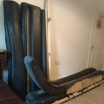 Dismantled King size Bed Frame Dismantled King-Size Padded Bed Frame. Broken down into 5 pieces. Two of the pieces are slightly curved at one end, so they do not lay completely flat. Metal parts still attached. Ground floor flat, Easy access. Bed is currently stacked out of the way, but will move all pieces next to the Front Door on the day of collection. NOT BUILDERS WASTE!! GU1 - removed for £94
