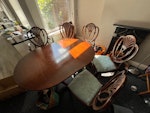 chairs, tables, bike, cabinet 1 tall but narrow cabinet, drop leaf table with five dining chairs, bedside table, TV console unit, and bicycle B29 - removed for £174