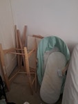 household: old baby items baby bath, moses basket and stand, dismantled changing table, small suitcase, baby bouncer PO5 - removed for £71
