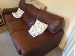 2 x 3 seater leather sofas. 2 large three seater leather sofas. Usable but without fire certificates so not able to donate to charity. ST10 - removed for £156