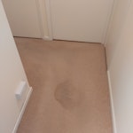 Water damaged hallway carpet. Carpet needs uplifting and removing, along with thick underlay, securing wooden batons and tacks. Carpet is l- shaped, approximately 2.5 metres at widest point, 3.5 metres long. Has two wet patches, from underfloor leak. SG15 - removed for £184
