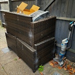 Garden furniture and bits 2 garden chairs, a sofa and matching table
Cushions
Broken bench
Fire pit
Lanterns, parasols and other garden bits B92 - removed for £257