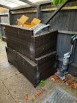 Garden furniture and bits 2 garden chairs, a sofa and matching table
Cushions
Broken bench
Fire pit 
Lanterns, parasols and other garden bits B92 - removed for £257