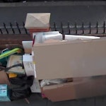 Cardboard and Assorted Rubbish Mostly cardboard packaging and boxes
Ikea table top and steel legs (re-usable)
Broken down IKEA wardrobe and fixings
Plastic baby walker
Electric Heater
Metal Pull Up bar
Plastic Mop
Household rubbish in black bags
Corrugated Plastic Floor protector sheets CR4 - removed for £123