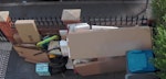 Cardboard and Assorted Rubbish Mostly cardboard packaging and boxes
Ikea table top and steel legs (re-usable)
Broken down IKEA wardrobe and fixings
Plastic baby walker
Electric Heater
Metal Pull Up bar
Plastic Mop
Household rubbish in black bags
Corrugated Plastic Floor protector sheets CR4 - removed for £123