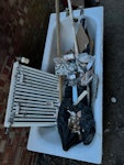 small bathroom rip out bath , old suite, broken tiles diy waste , toilet cardboard the usual , small bathroom same photos different angels IP6 - removed for £250
