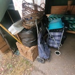 Few bags desk, trunk, trolleys 6-7 bags general waste, dismantled desk, old trunk, shopping trolley and few more bits. Shown on attached pictures. TW2 - removed for £94