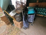 Few bags desk, trunk, trolleys 6-7 bags general waste, dismantled desk, old trunk, shopping trolley and few more bits. Shown on attached pictures. TW2 - removed for £94