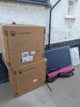 Some household junk A couple of large cardboard boxes with a few small cardboard pieces inside. Folded medium size table tennis table. Small plastic storage box. And folded balance beam. E4 - removed for £78