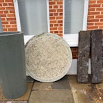 tabletop,sleepers,water butt 1 concrete tabletop, 2 railway sleepers, 1 plastic water butt SW4 - removed for £117