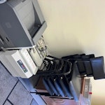 15chairs+printer+paperfolder 15 metal framed stacking chairs, 1 very old but working computer printer, 1 working paper folding machine AL1 - removed for £130