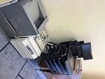 15chairs+printer+paperfolder 15 metal framed stacking chairs, 1 very old but working computer printer, 1 working paper folding machine AL1 - removed for £130