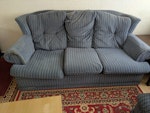 3 seater sofa & 2 armchairs Potential reuse collectors note that the sofa's springs are damaged on one end with some tearing to the material covering the damaged area. Some much smaller tears/holes are also on the spring covering material of one of the armchairs. The other armchair appears undamaged. Upholstery is intact on all items. Included is a pic of the fire safety label which is also date stamped with what appears to be the date of manufacture. UB5 - removed for £169