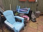 garden stuff 2 plastic chairs and table, dog ramp, 3 bags rubbish. old planter, 2 folding chairs. N7 - removed for £70