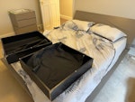 Bedroom set, sofabed & chairs Disassemble bedframe; bedroom set includes mattress, underbed storage and side tables. Sofabed, chairs, small Rattan storage boxes - all in good condition. Two trellises - one for disposal and other potential for re-use. Basement front door access. SW3 - removed for £149