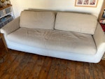 A sofa-bed and mattress 3 seater sofa bed. Solid metal frame. Heavy. Seating pad worn and zip broken but not visible if covered with blanket. Mattress stained and would need replacing. SW3 - removed for £130