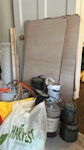 wood, plastic and metal bag of baby plastic things, a folding chair, a screen mount, tins and wood N1 - removed for £78