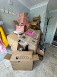 Cardboard boxes, coat rack Moving boxes, metal coat rack, 8 wooden floor boards CT14 - removed for £165