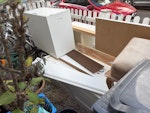 cupboards, fridge, matresses, Two matresses, small fridge, bags of rubbish, wall monunted cupboard, shelving unit, chair, desk, skirting board. W4 - removed for £214