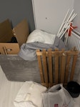 2 ‘pallets’, bean bag, boxes Bits and bobs, two ikea standing coat rack, two shelf pallets, a bean bag with a foot stool, boxes with random bits and bobs like a printer, keyboards, kitchenware etc., and a couple bags of clothes. Will all fit into a car SW13 - removed for £65