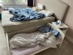 1 Wardrobe, 1 bed frame, 3 mat 1 wooden wardrobe with 2 mirrors. 1 queen size bed frame. 1 back rest. 1 queen size mattress. 1 kids bed frame, 1 kids mattress. 1 twin mattress. 1 plastic shed box. 1 pallet. SW19 - removed for £357