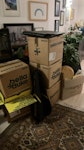 6 boxes of give away and chair 6 boxes of give away: kitchenware, clothes, shoes, computer screen, printer (working), tennis rackets, Alexa plugs, halloween decorations, workout mat, kids sleeping bag 
and a chair W4 - removed for £84