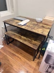 Table and misc home items I have a table and two benches with a matching small table. One small side table, one large box of miscellaneous household items including pots, pans, cups, plates, pillows, comforters, a small grey area rug and a trashcan. W11 - removed for £91